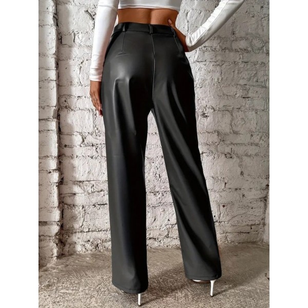 Kadın önden Fermuarlı Cepli Geniş Kesim Lame Deri Pantolon