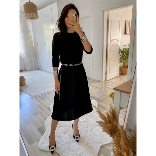 Kadın Uzun Kollu Bisiklet Yaka Midi Ithal Krep Elbise