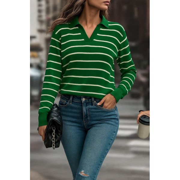 Kadın Uzun Kollu V Yaka çizgili Triko Bluz