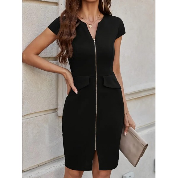 Kadın Kısa Kollu V Yakalı önden Fermuarlı Kısa Ithal Krep Elbise