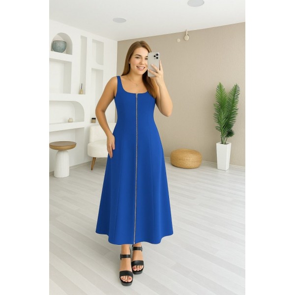 Kadın Askılı Kare Yaka önden Fermuarlı Geniş Kesim Janjan Krep Elbise