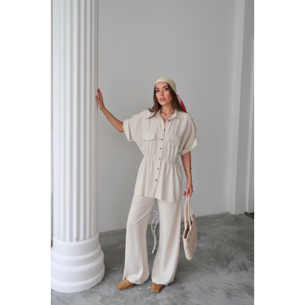 KETEN BELDEN BÜZGÜ DETAYLI GÖMLEK - PANTOLON TAKIM - Taş