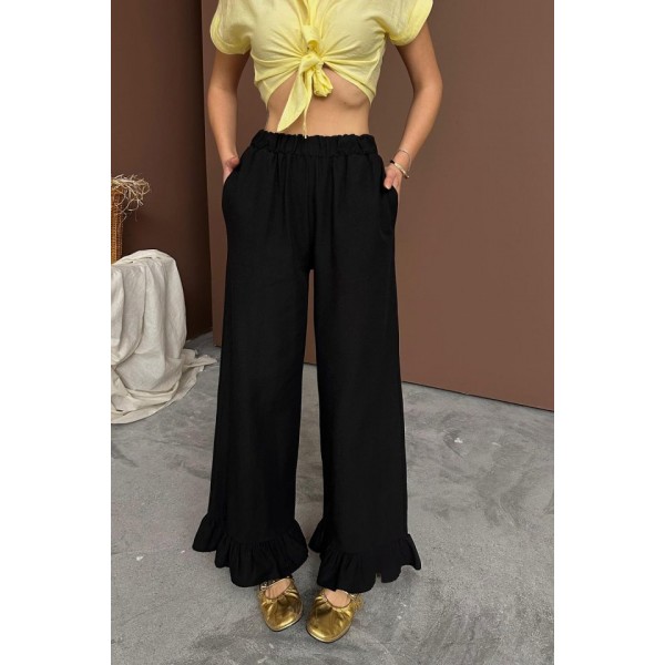 Siyah Paçası Fırfırlı Keten Pantolon