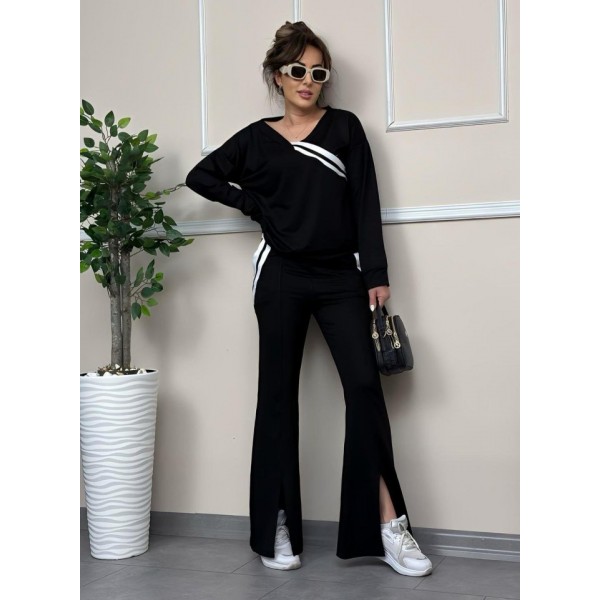 Kadın Ribana Detay Bluz Ve Ispanyol Paça Yırtmaçlı Pantolon Ikili Takım
