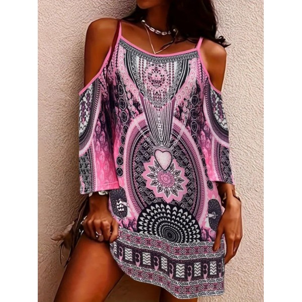 Kadın Askılı Omuzlardan Açık Truvakar Kol Desenli Kısa Süprem Elbise