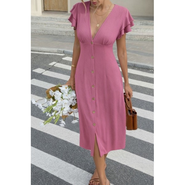 Kadın Kısa Kollu V Yakalı önden Düğmeli Bürümcük Midi Elbise