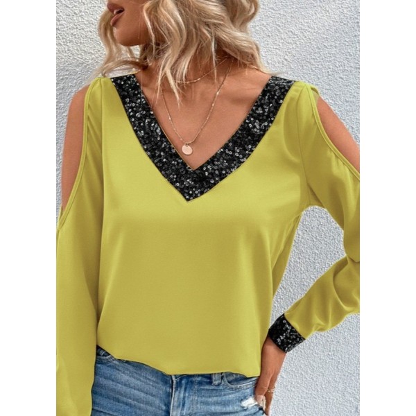 Kadın Uzun Kollu V Yakalı Omuzlardan Açık Sandy Bluz