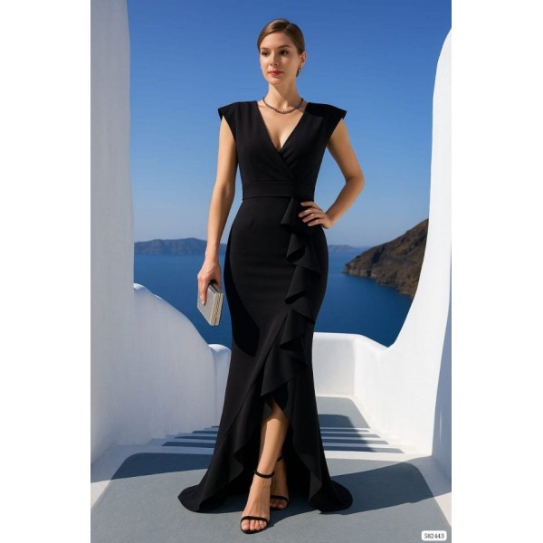 Kadın Dalgıç Kumaş V Yaka Fırfır Detaylı Maxi Boy Elbise