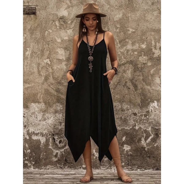 Kadın Askılı V Yakalı Cep Detaylı Asimetrik Kesim Detaylı Viskon Elbise