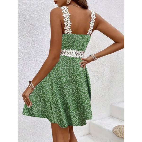 Kadın Askılı Dantel Yakalı çiçek Desenli Süprem Elbise