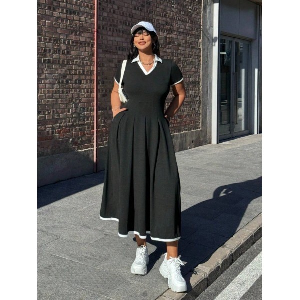 Kadın Kısa Kollu V Yakalı Pileli Uzun Janjan Krep Elbise