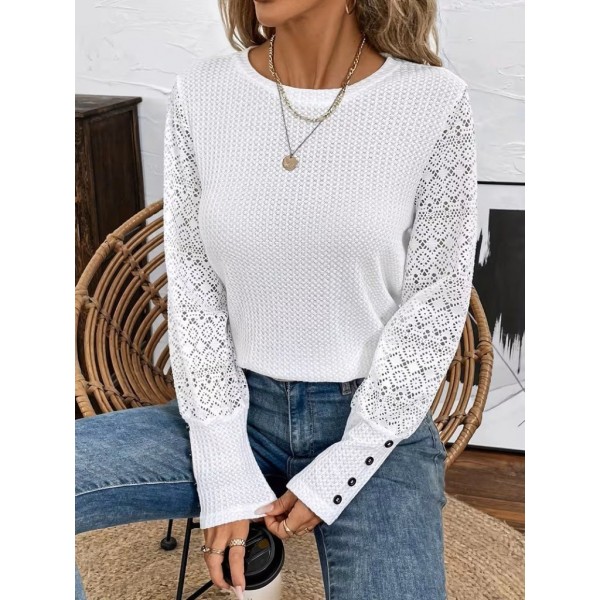 Kadın Uzun Kollu Bisiklet Yaka Kolları Tüllü Waffle Bluz