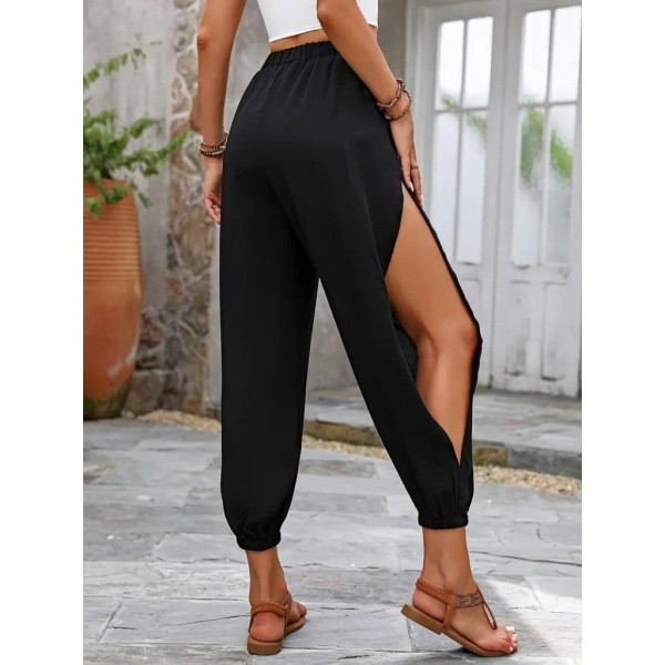 Kadın Yüksek Belli Yanlardan çapraz Detay Yırtmaçlı Viskon Pantolon