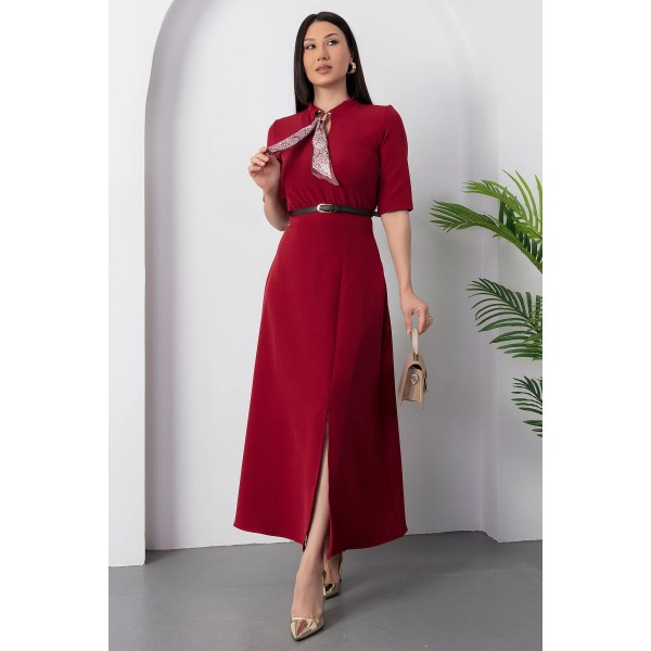 Kadın Kısa Kollu Fular Ve Kemer Detay önden Yırtmaçlı Maxi Boy Elbise