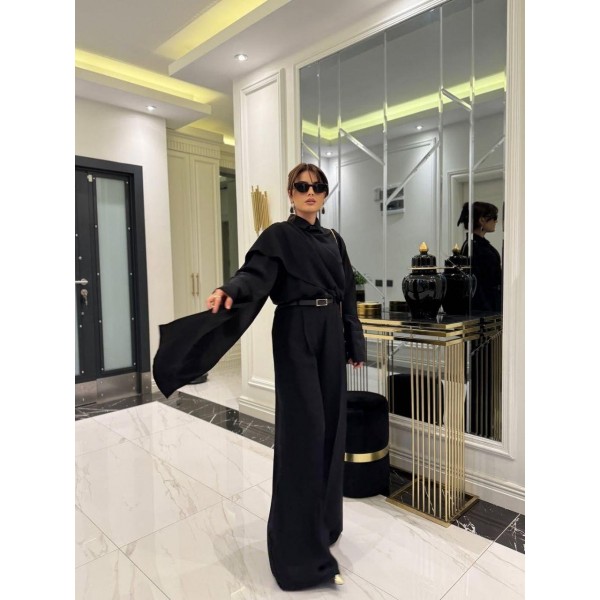 Kadın Uzun Kollu şal Detaylı Bluz Ve Pantolon Kemer Dahil Ikili Takım