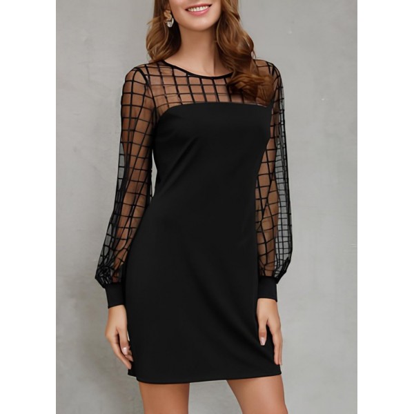 Kadın Uzun Kollu Geometrik Tül Detaylı Ithal Krep Elbise