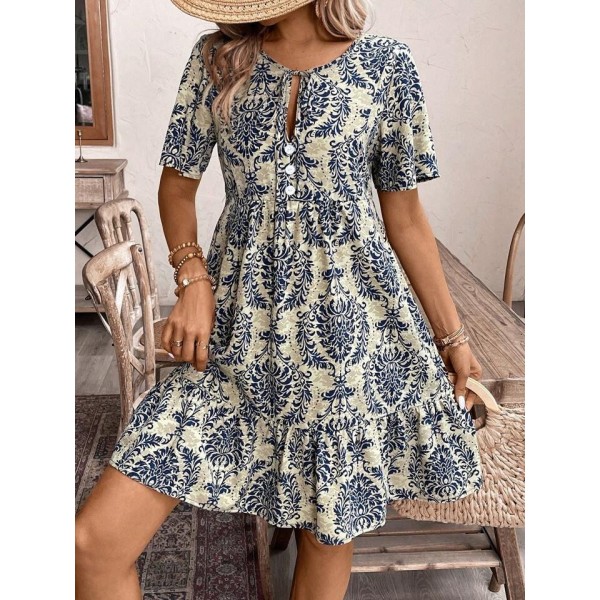 Kadın Kısa Kollu Yakadan Bağcıklı Desenli Fırfırlı Süprem Elbise