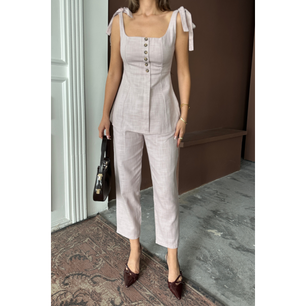 ŞANTUK KETEN YELEK GÖRÜNÜMLÜASKILI BLUZ - PANTOLON TK - Lila