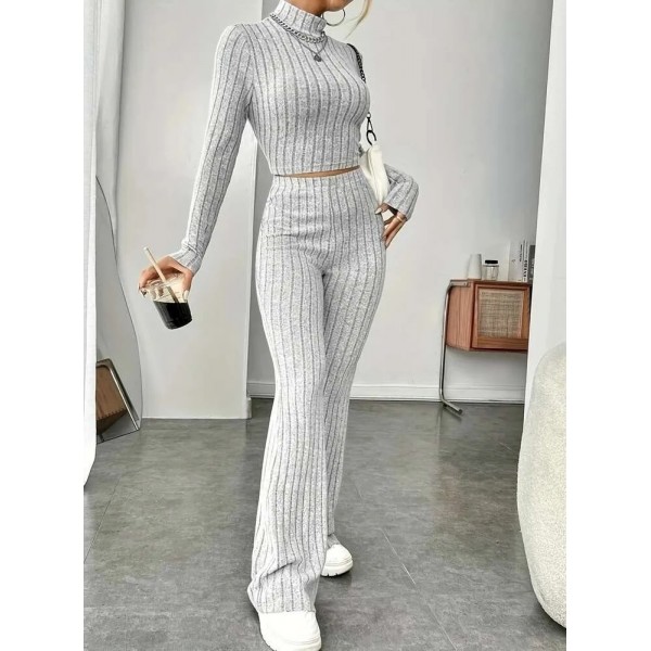 Kadın Uzun Kollu Balıkçı Yaka Krop Ve Pantolon şardonlu Kaşkorse Ikili Takım