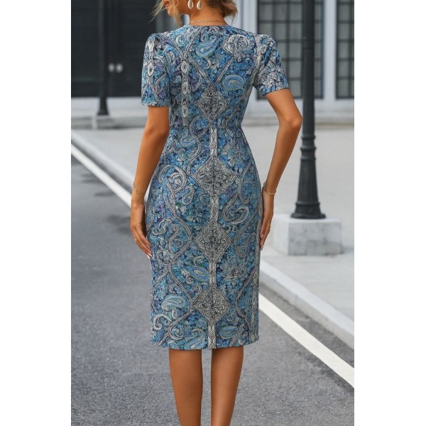 Kadın Kısa Kollu V Yakalı çiçek Desenli Midi Atlas Elbise