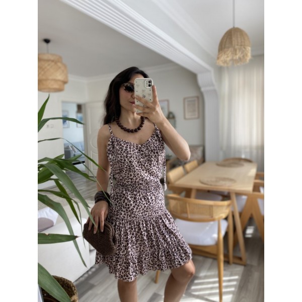 Kadın Askılı V Yaka Beli Pileli Leopar Desen Eteği Fırfırlı Süprem Elbise