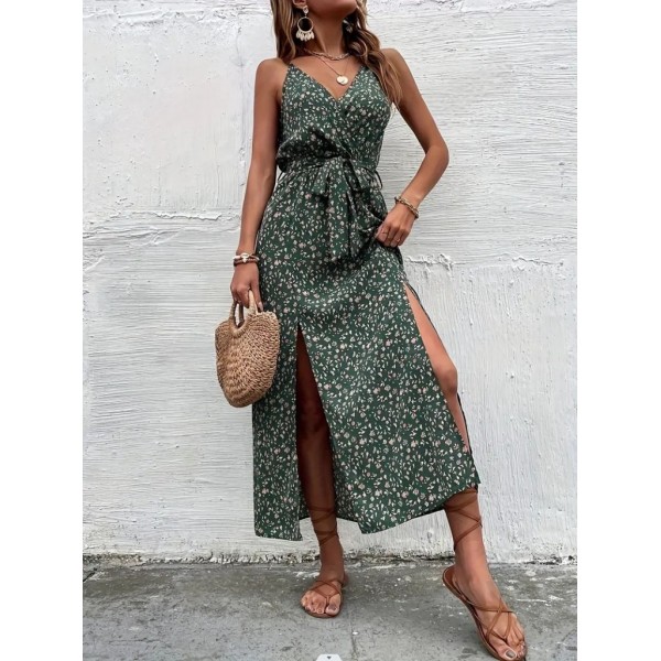 Kadın Ip Askılı Kruvaze Yakalı Yırtmaçlı Uzun Desenli Kuşaklı Süprem Elbise