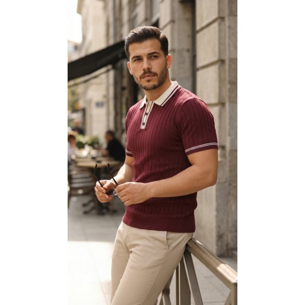 Erkek Düğme Yakalı Kontrast Yaka Triko Tişört