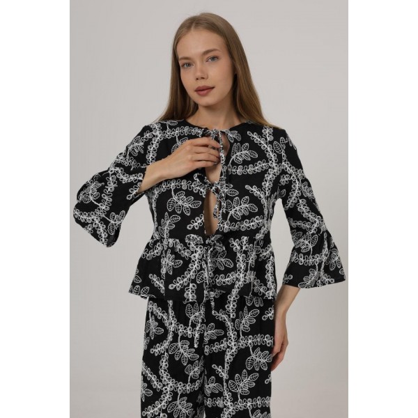 Fiyonk Bağlamalı Brode Bluz - Siyah