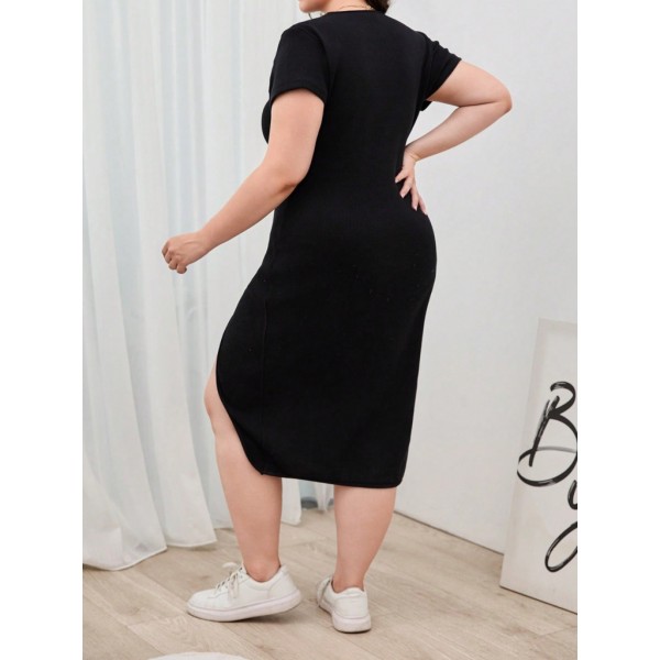 Kadın Büyük Beden Kısa Kollu Yanı Yırtmaçlı Bisiklet Yaka Viskon Elbise