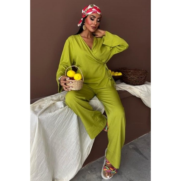 Kruvaze Model Klasik Pantolonlu Çupra Keten Takım 10191