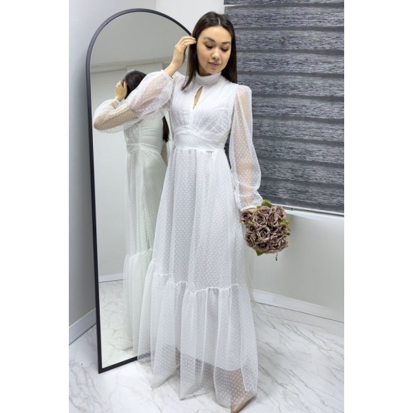 Kadın Damla Yaka Sırt Dekolteli Astarlı Tül Elbise