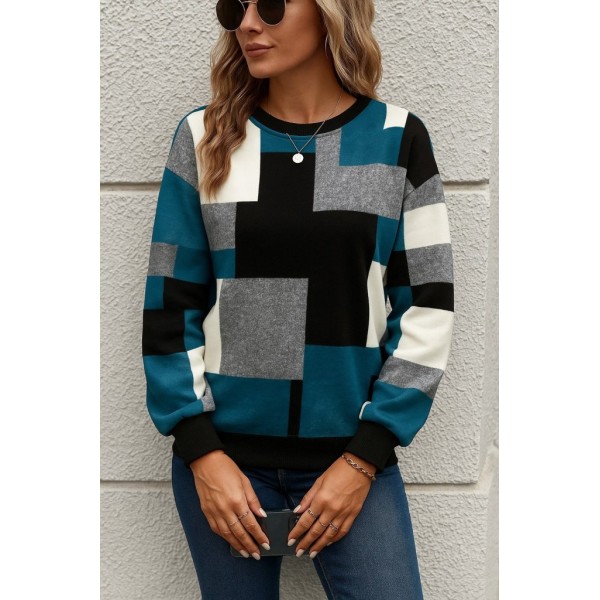 Kadın Uzun Kollu Bisiklet Yaka Renkli Blok Baskı Dalgıç Bluz