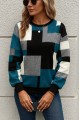 Kadın Uzun Kollu Bisiklet Yaka Renkli Blok Baskı Dalgıç Bluz