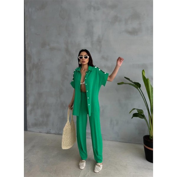 OMUZ MİDYE SIRALI BLUZ - PAÇA PENSLİ PANTOLON TAKIM - Yeşil