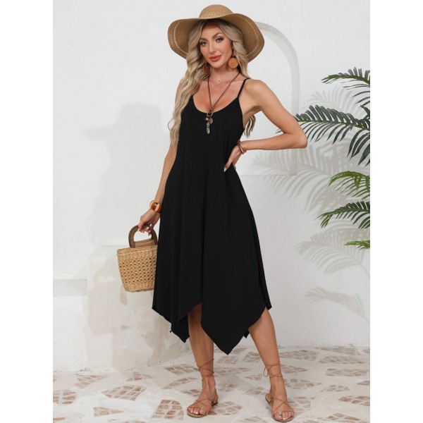 Kadın Ip Askılı Yuvarlak Yakalı Asimetrik Kesim Viskon Elbise