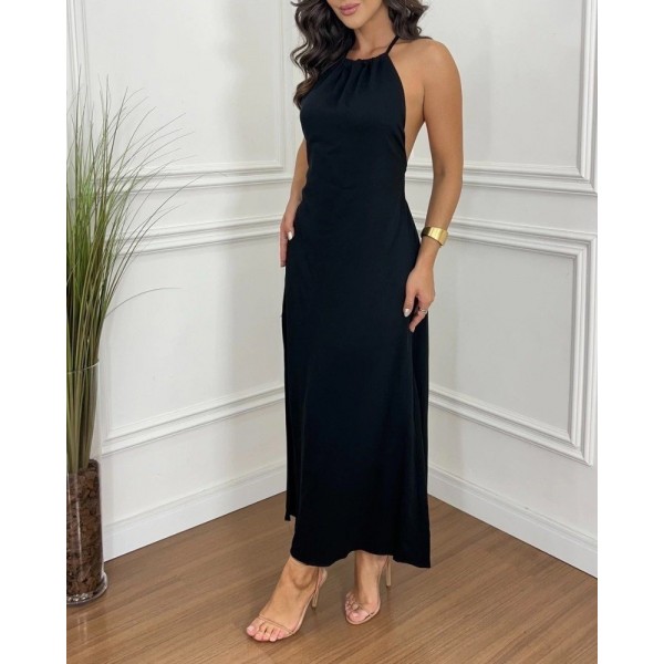 Kadın Boyundan Askılı Halter Kollu Viskon Elbise