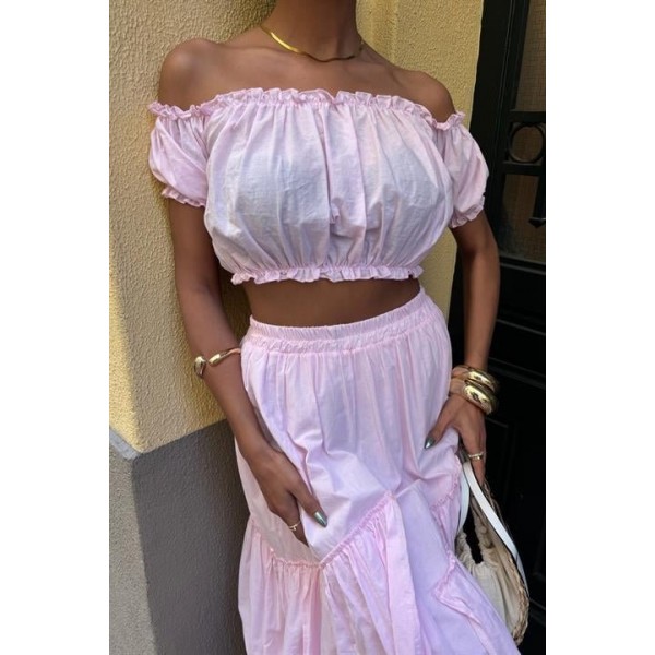 Büzgülü Crop Kat Detaylı Fırfır Etekli Takım 10196