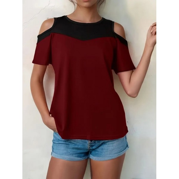 Kadın Kısa Kollu Omuzlardan Açık Detaylı çift Renkli Viskon Bluz