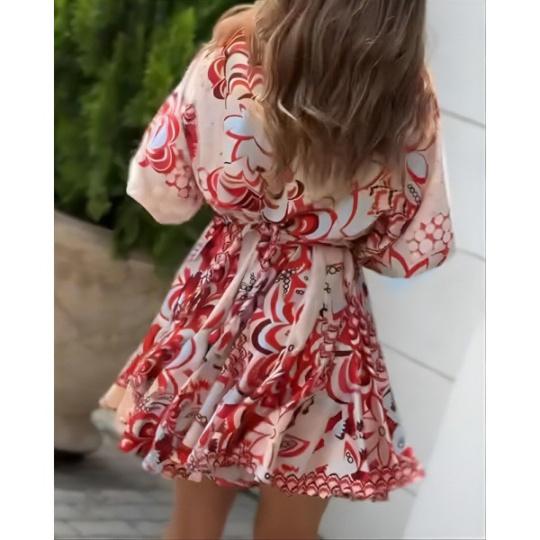 Kadın Kısa Balon Kollu Yuvarlak Yakalı Pileli Desenli Mini Elbise