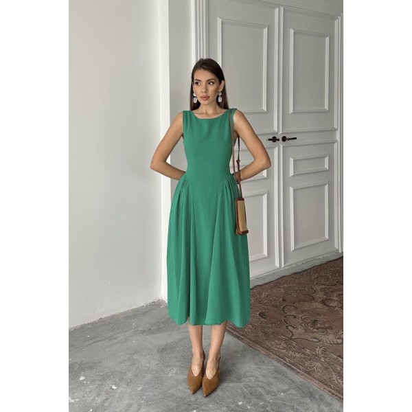 Yeşil Yanları Büzgülü Midi Boy Keten Elbise