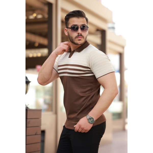 Erkek çizgi Desenli Yakalı Kısa Kollu T-shirt