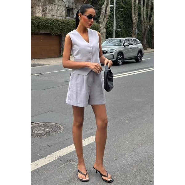 Yelek Şort Flamlı Keten Takım 10133-17