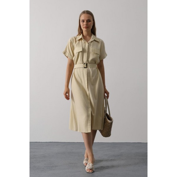 Kuşaklı Cep Detaylı Yarım Kol Elbise - Ekru