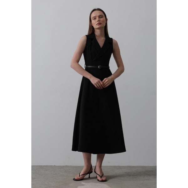Sıfır Kollu Kemer Detaylı Elbise - Siyah