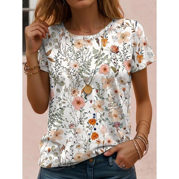 Kadın Kısa Kollu Bisiklet Yaka çiçek Desenli Viskon Bluz