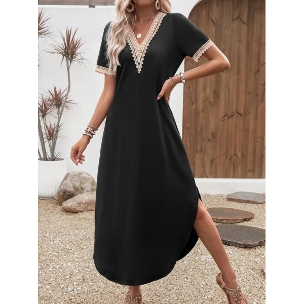 Kadın Kısa Kollu Dantel V Yakalı Uzun Viskon Elbise