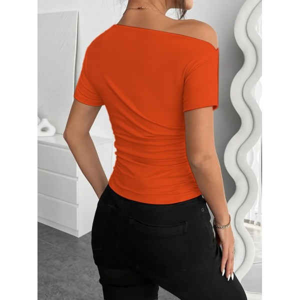 Kadın Kısa Kollu Tek Omuzu Açık Büzgülü Viskon Bluz