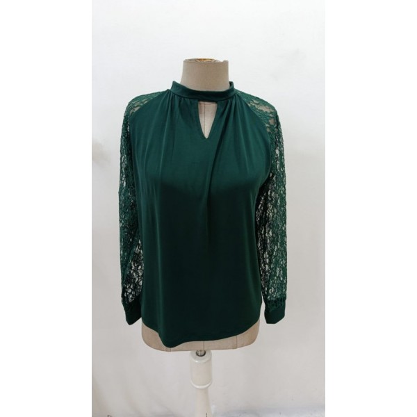 Kadın Uzun Dantel Kollu Yuvarlak Yakalı Sandy Bluz