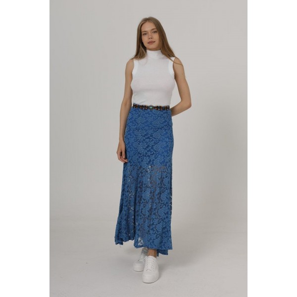 Bel Lastikli Dantel Etek - Mavi