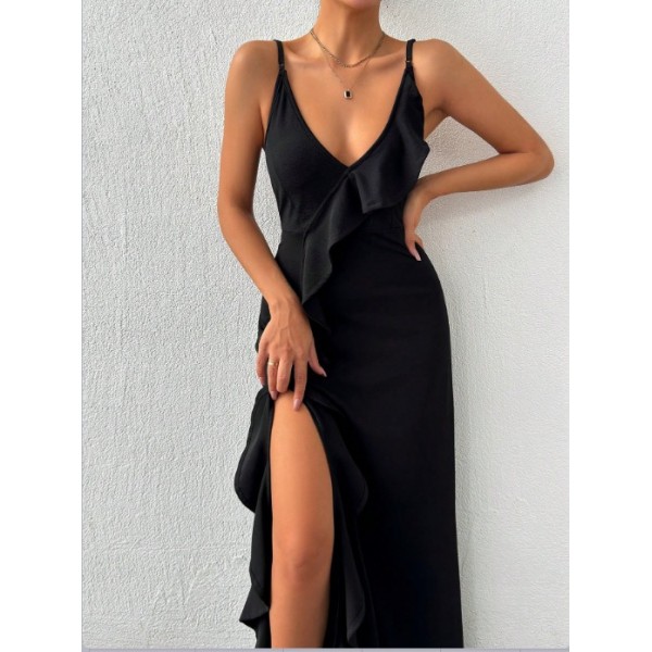 Kadın Ip Askılı Dekolteli Yırtmaç Detay Krep Elbise